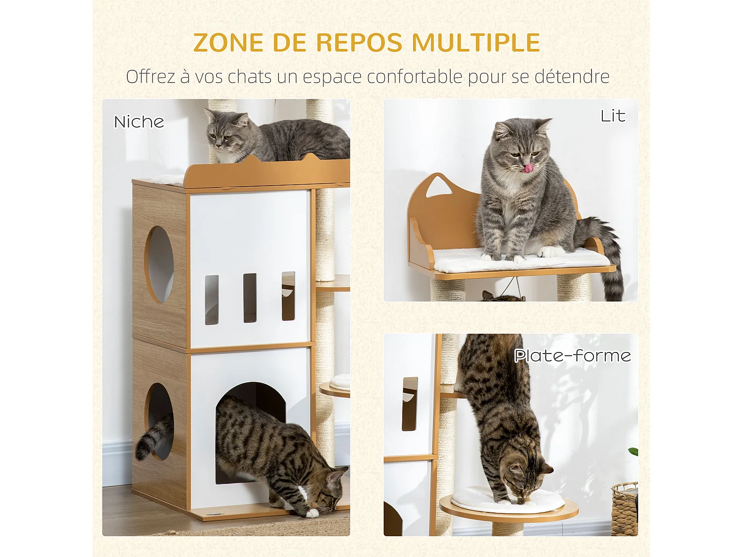 Arbre à chat design contemporain griffoir sisal naturel 2 niches plateformes jeu boule suspendue MDF blanc aspect hêtre clair