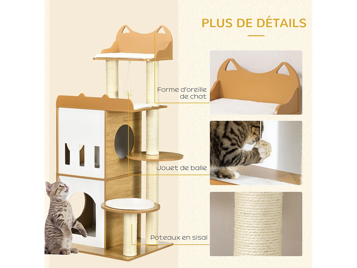 Arbre à chat design contemporain griffoir sisal naturel 2 niches plateformes jeu boule suspendue MDF blanc aspect hêtre clair