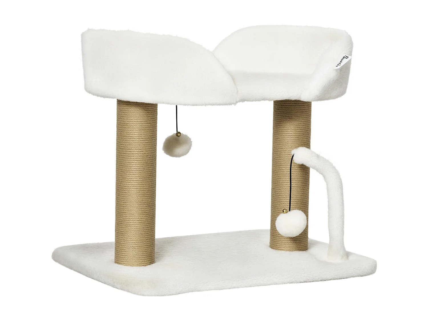 Arbre à chat 2 griffoirs jute naturelle panier jeu 2 boules suspendues avec clochettes peluche blanche