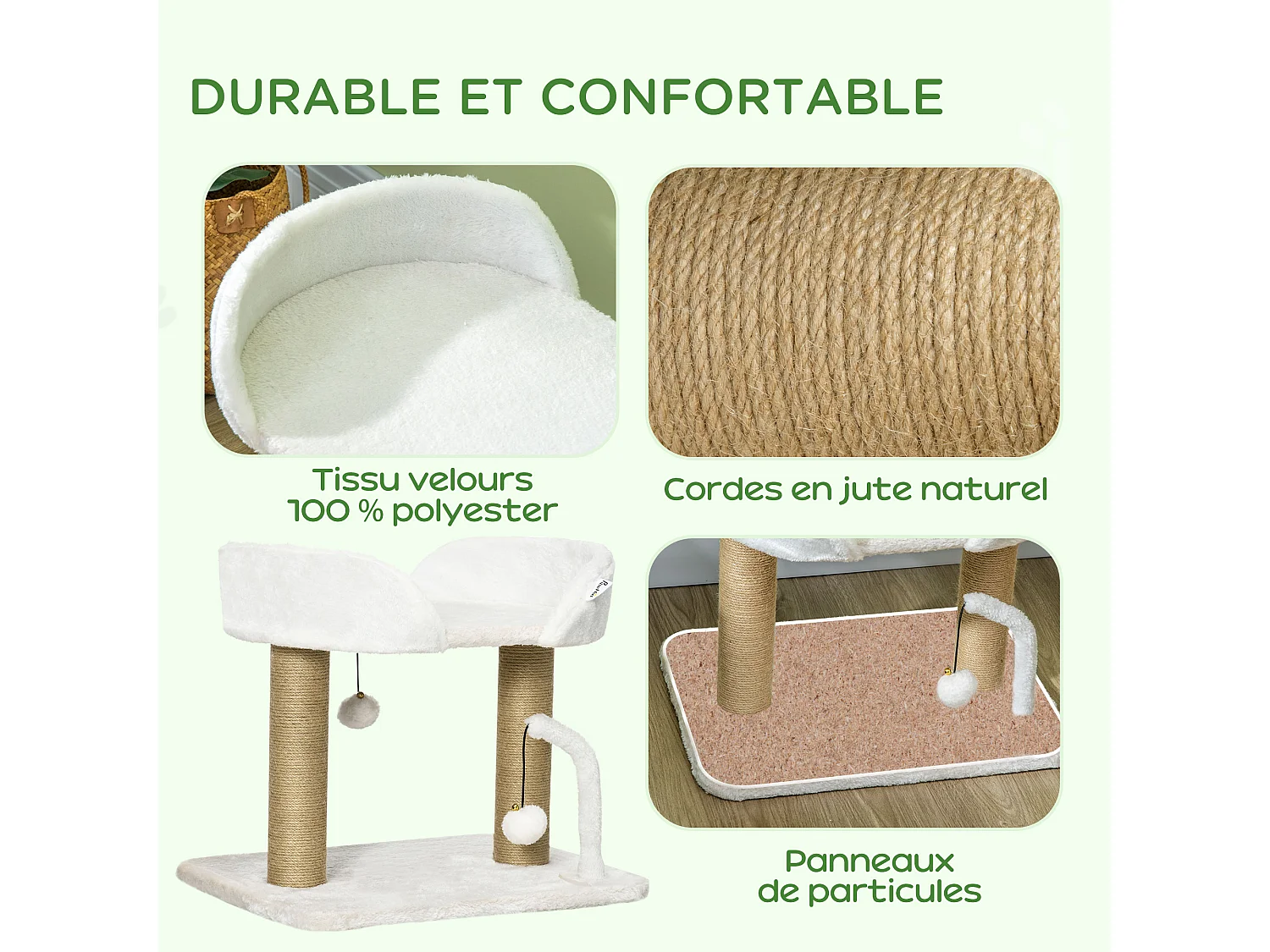 Arbre à chat 2 griffoirs jute naturelle panier jeu 2 boules suspendues avec clochettes peluche blanche