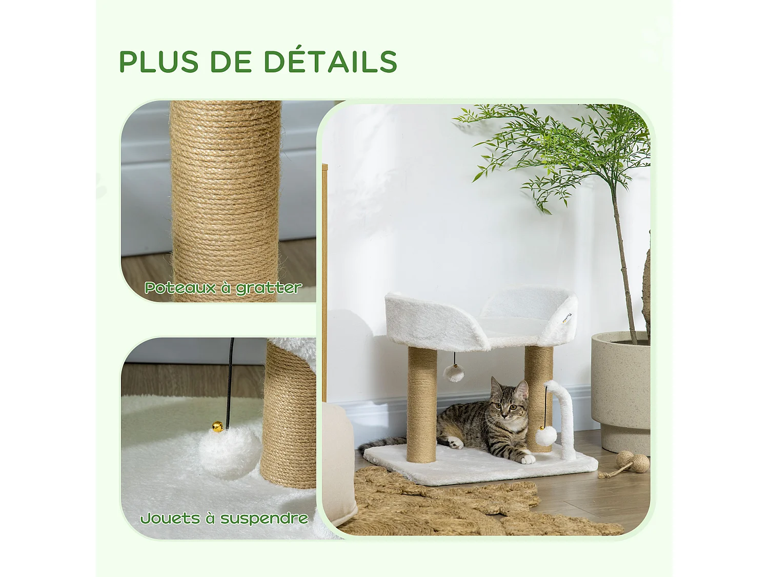 Arbre à chat 2 griffoirs jute naturelle panier jeu 2 boules suspendues avec clochettes peluche blanche