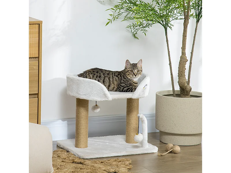 Arbre à chat 2 griffoirs jute naturelle panier jeu 2 boules suspendues avec clochettes peluche blanche