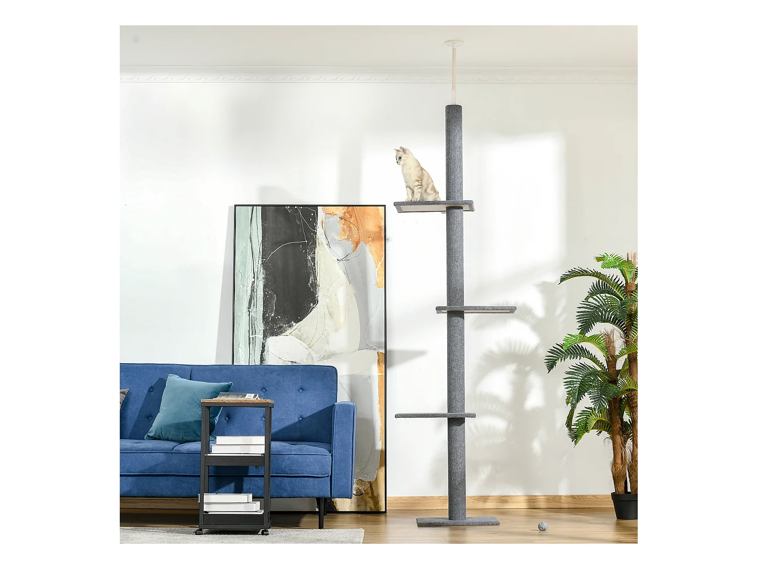 Arbre à chat poteau à griffer hauteur réglable dim. 43L x 27I x 228-260H cm 4 niveaux d'activités gris clair