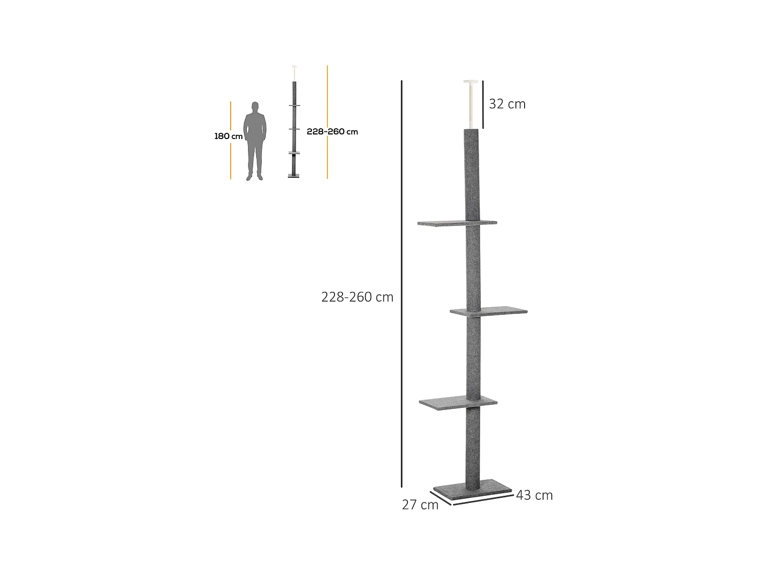 Arbre à chat poteau à griffer hauteur réglable dim. 43L x 27I x 228-260H cm 4 niveaux d'activités gris clair