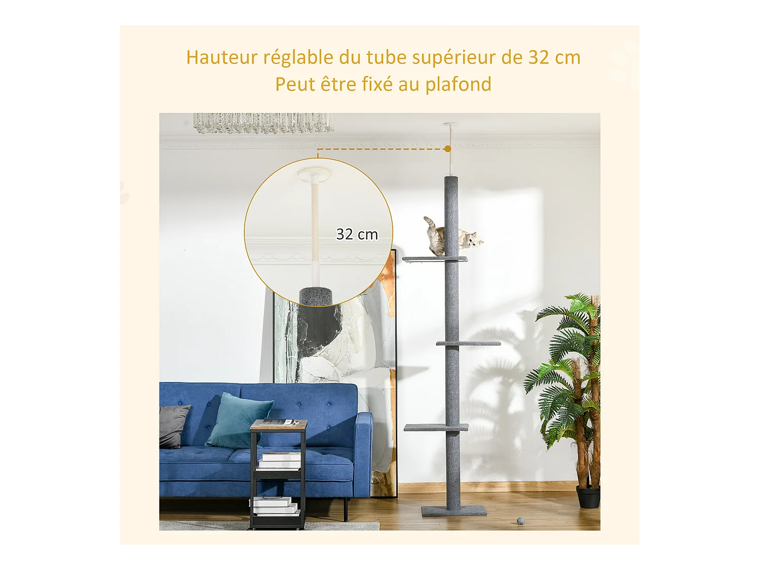 Arbre à chat poteau à griffer hauteur réglable dim. 43L x 27I x 228-260H cm 4 niveaux d'activités gris clair