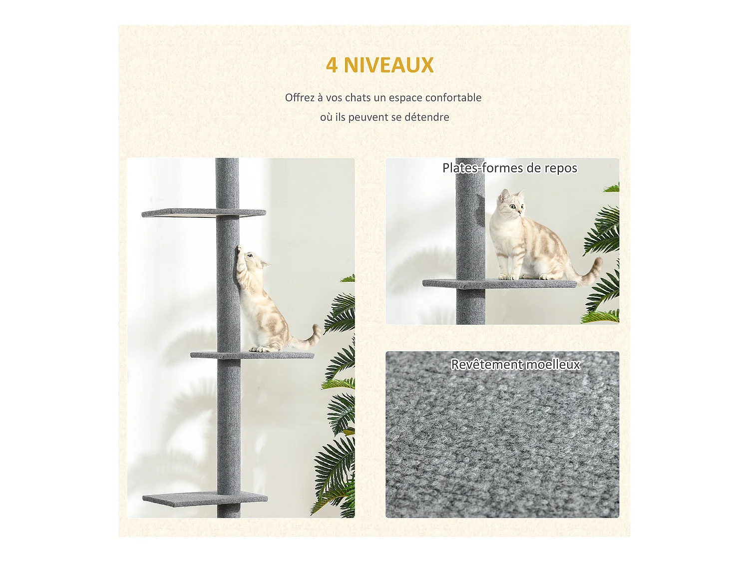 Arbre à chat poteau à griffer hauteur réglable dim. 43L x 27I x 228-260H cm 4 niveaux d'activités gris clair