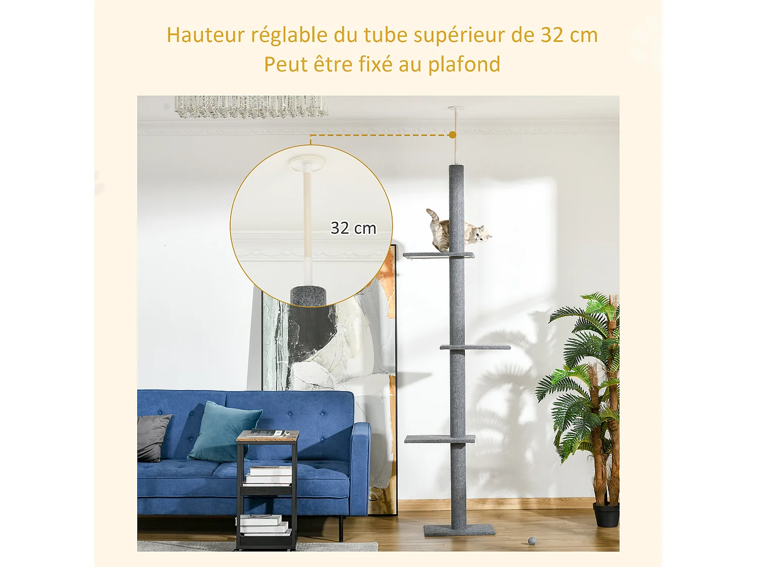 Arbre à chat poteau à griffer hauteur réglable dim. 43L x 27I x 228-260H cm 4 niveaux d'activités gris clair