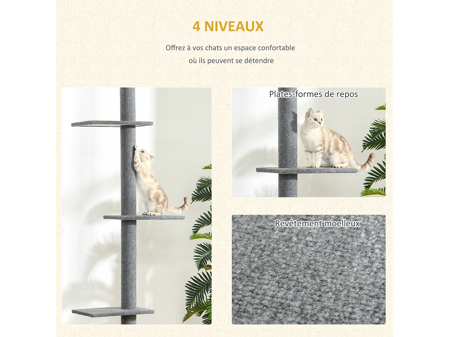 Arbre à chat poteau à griffer hauteur réglable dim. 43L x 27I x 228-260H cm 4 niveaux d'activités gris clair