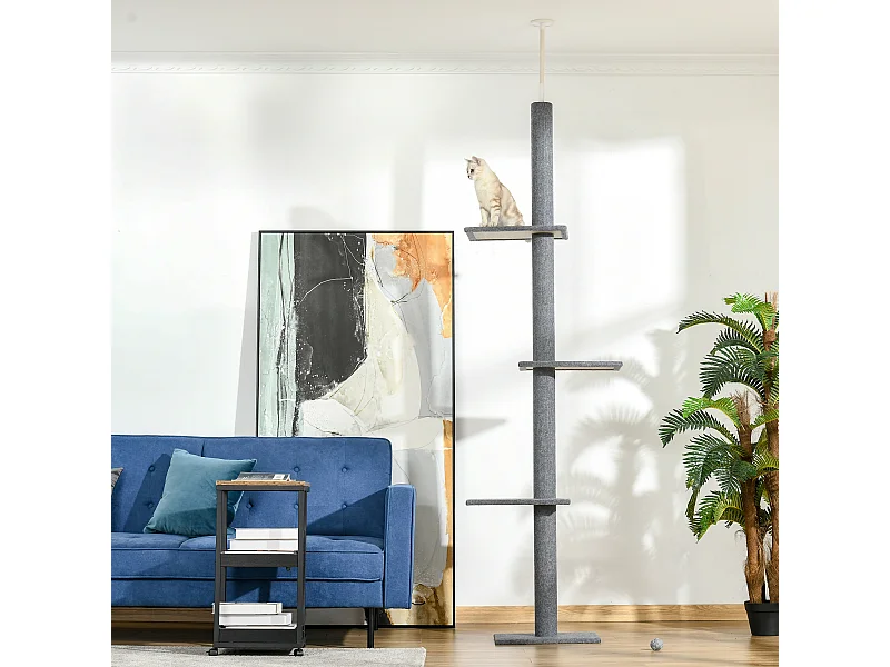 Arbre à chat poteau à griffer hauteur réglable dim. 43L x 27I x 228-260H cm 4 niveaux d'activités gris clair