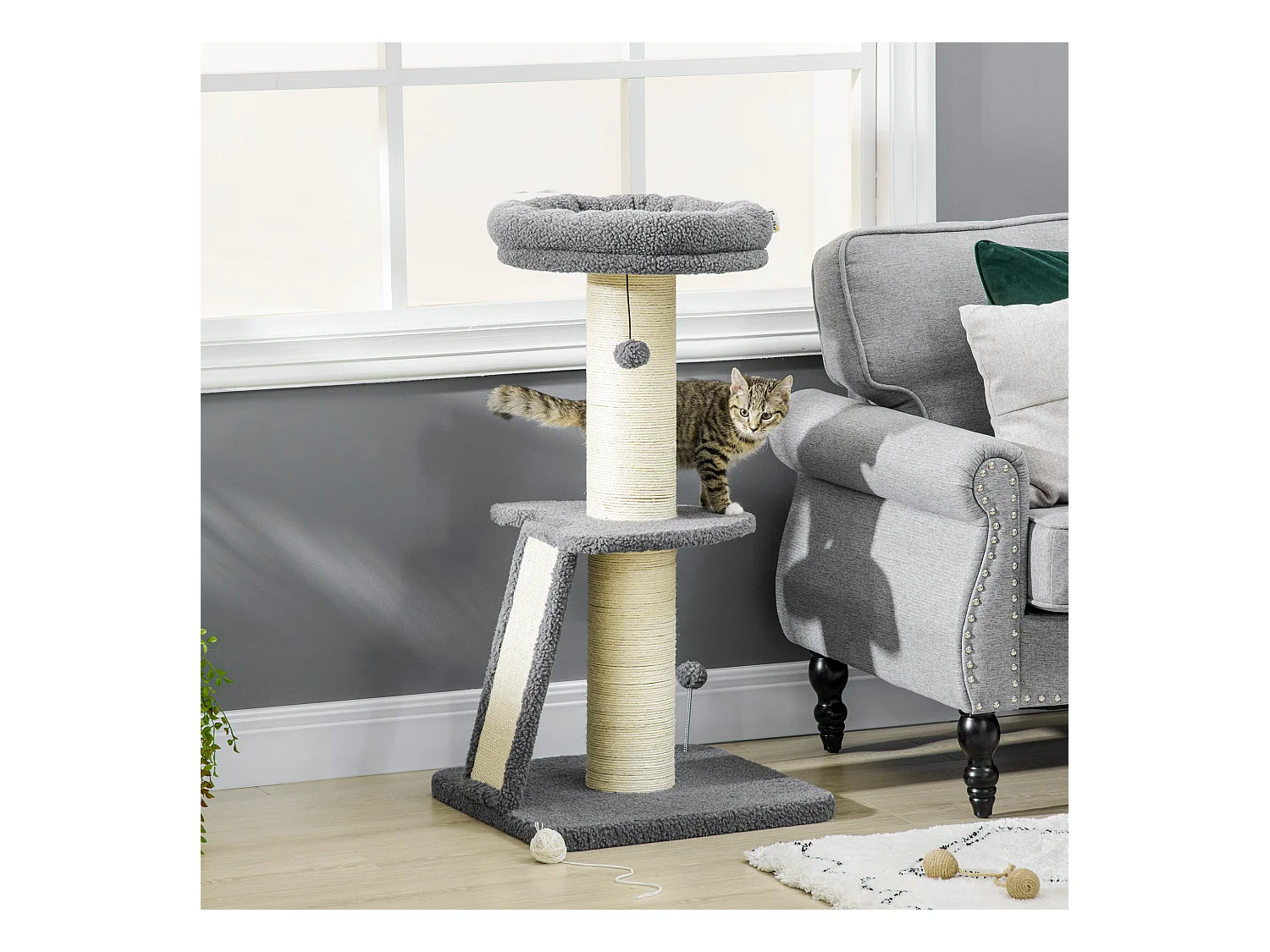 Arbre à chat 3 griffoirs grattoirs sisal naturel plateforme panier 2 boules suspendues peluche haute densité 220 g/m² gris