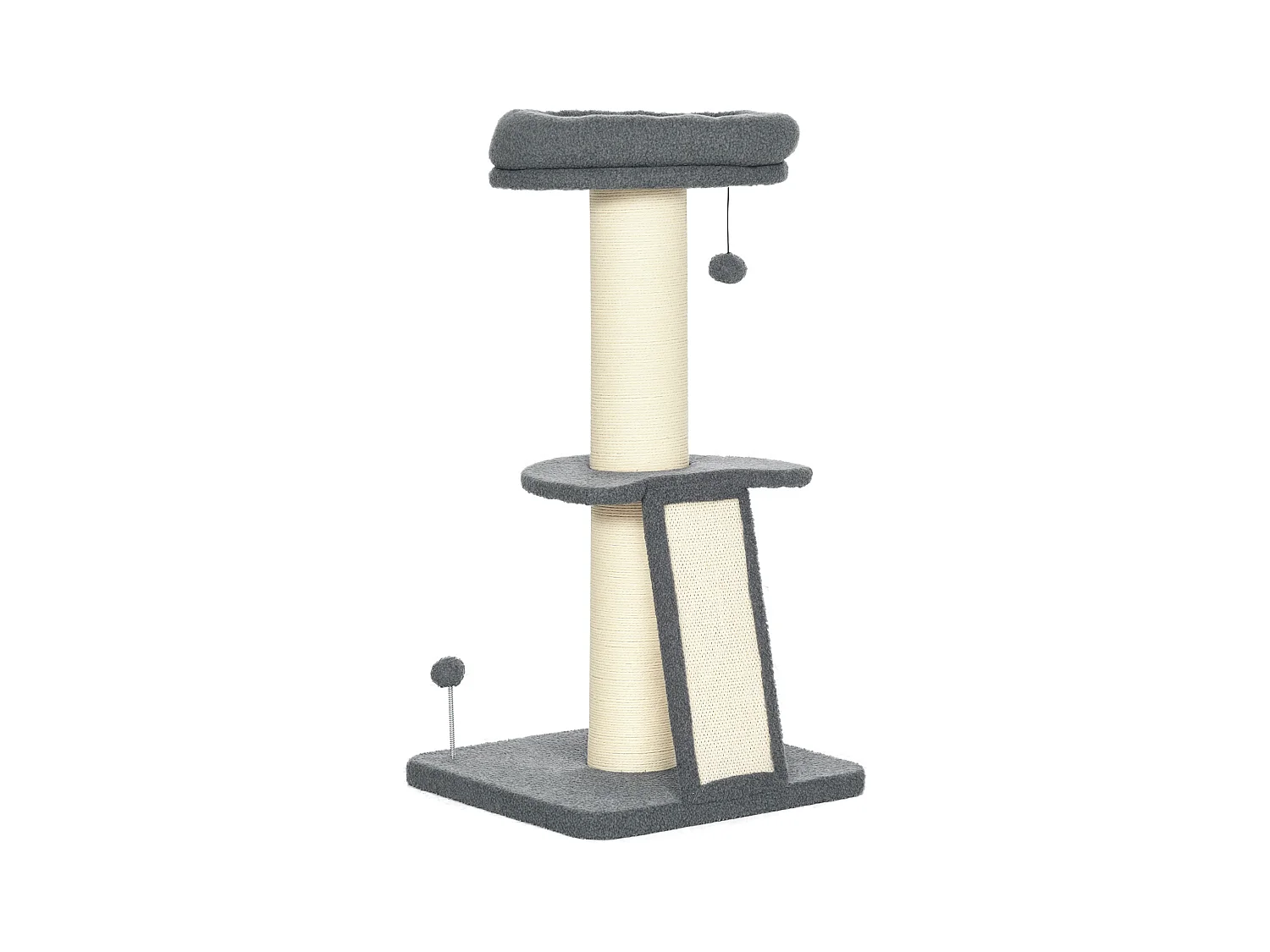 Arbre à chat 3 griffoirs grattoirs sisal naturel plateforme panier 2 boules suspendues peluche haute densité 220 g/m² gris