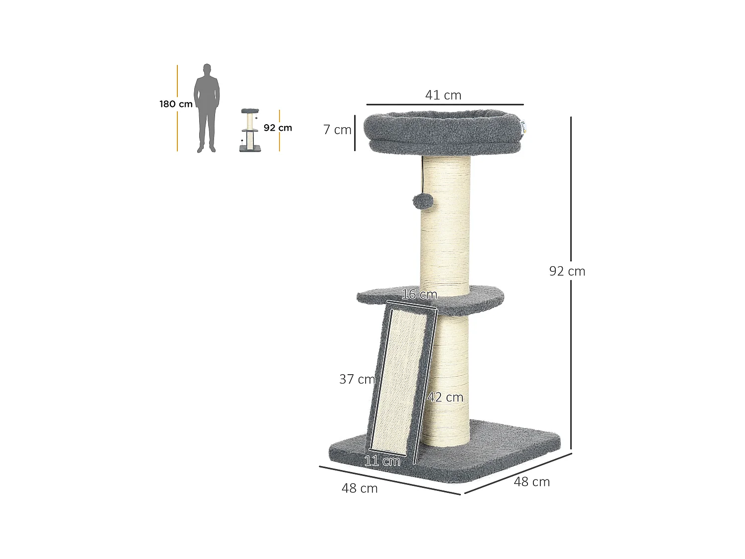 Arbre à chat 3 griffoirs grattoirs sisal naturel plateforme panier 2 boules suspendues peluche haute densité 220 g/m² gris