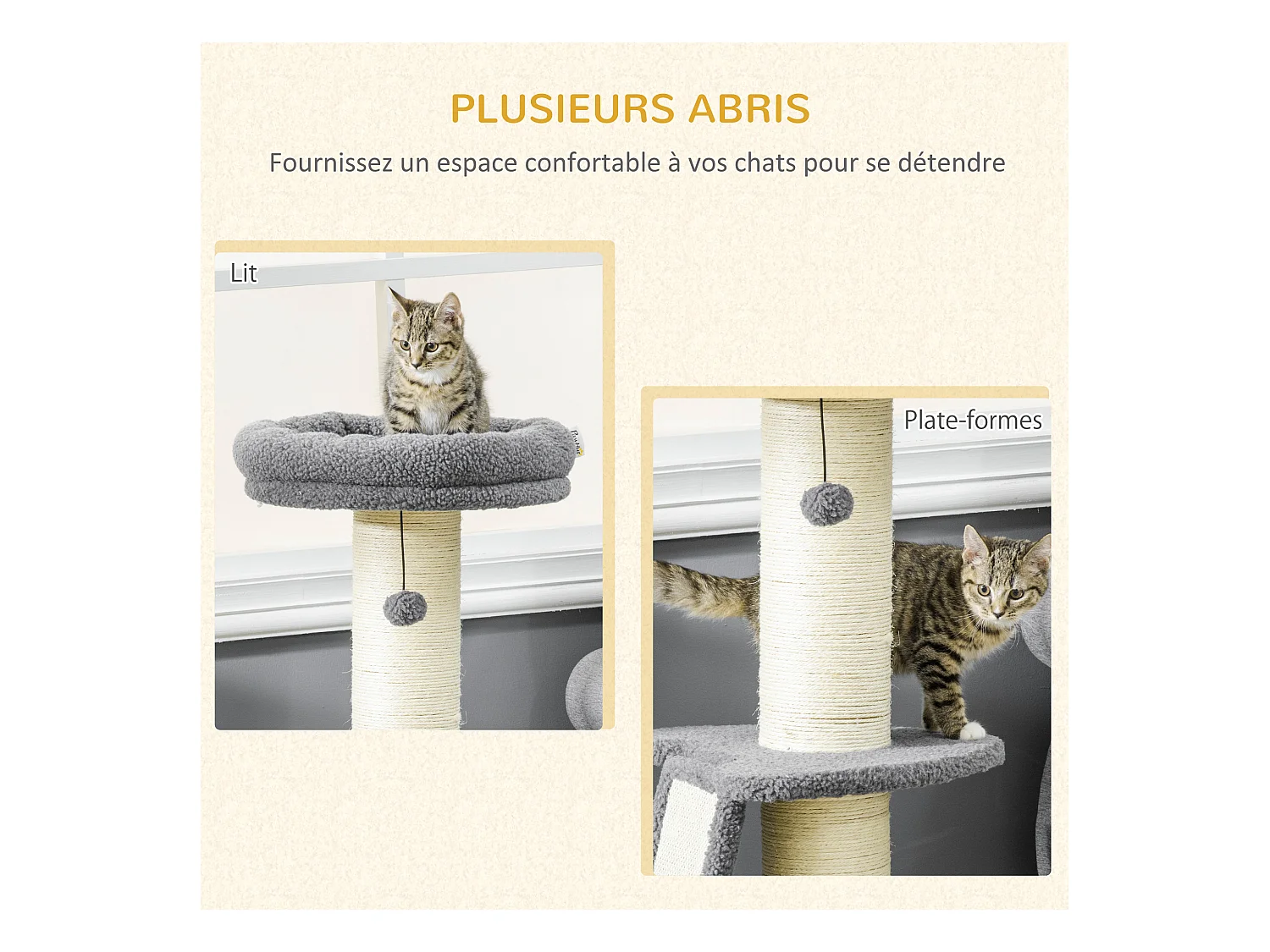 Arbre à chat 3 griffoirs grattoirs sisal naturel plateforme panier 2 boules suspendues peluche haute densité 220 g/m² gris