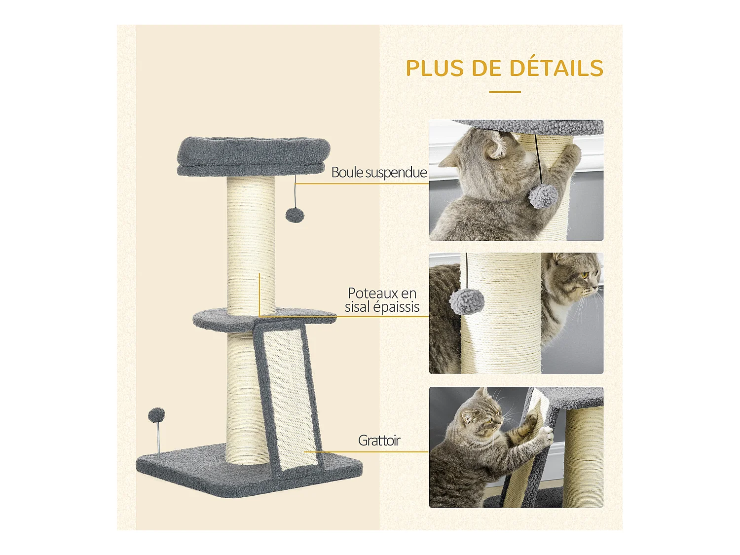 Arbre à chat 3 griffoirs grattoirs sisal naturel plateforme panier 2 boules suspendues peluche haute densité 220 g/m² gris