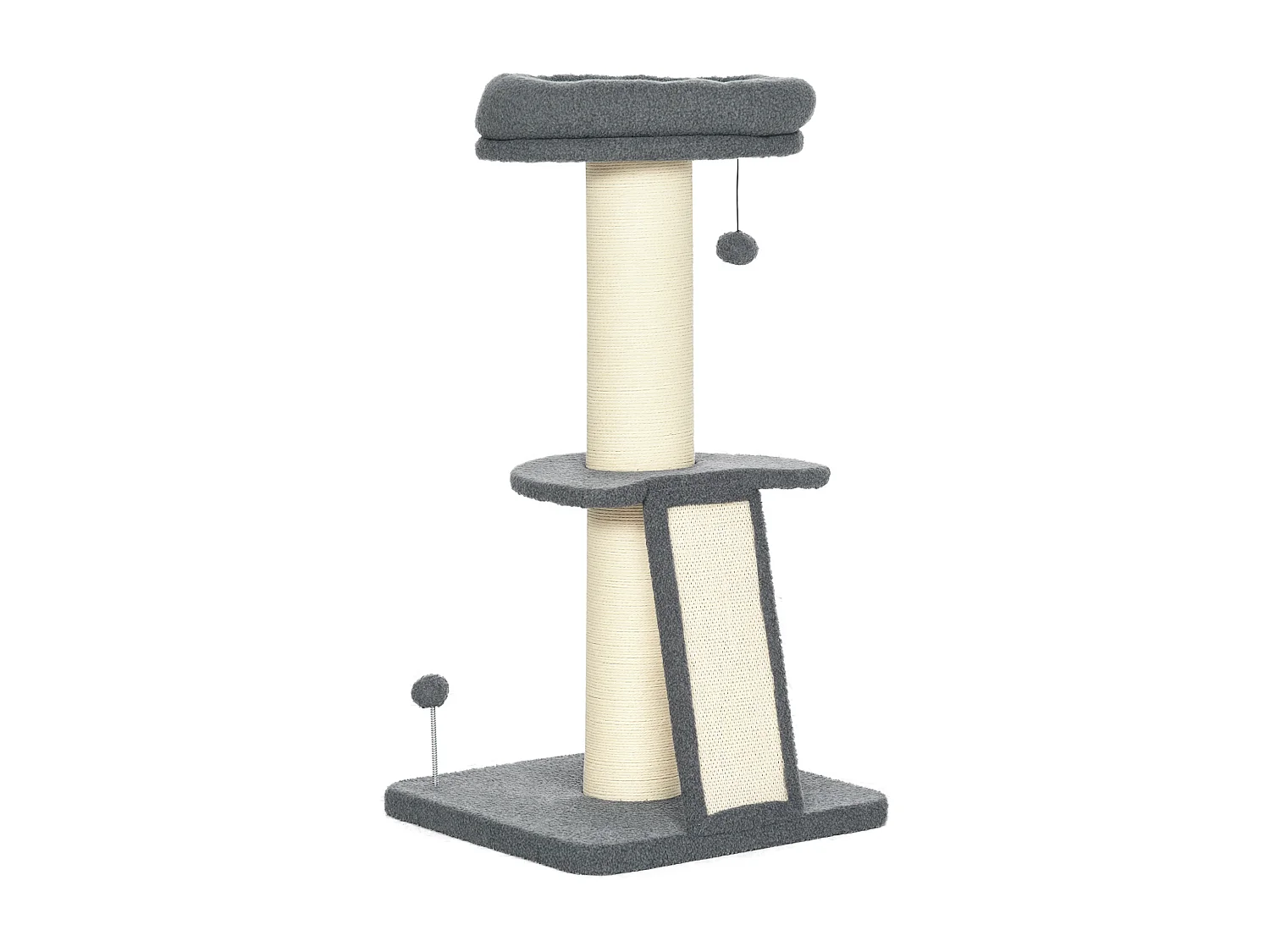 Arbre à chat 3 griffoirs grattoirs sisal naturel plateforme panier 2 boules suspendues peluche haute densité 220 g/m² gris