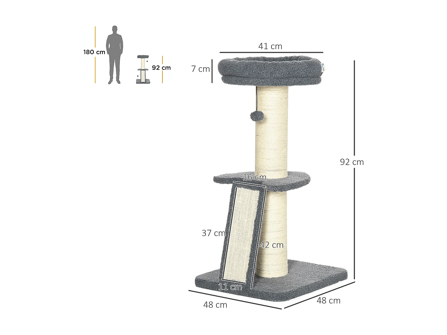 Arbre à chat 3 griffoirs grattoirs sisal naturel plateforme panier 2 boules suspendues peluche haute densité 220 g/m² gris