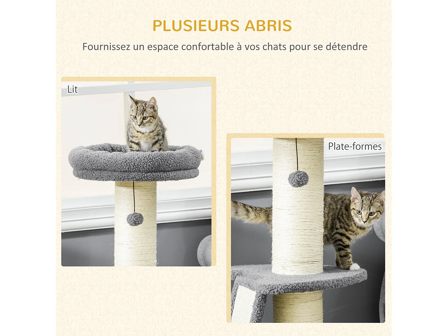 Arbre à chat 3 griffoirs grattoirs sisal naturel plateforme panier 2 boules suspendues peluche haute densité 220 g/m² gris