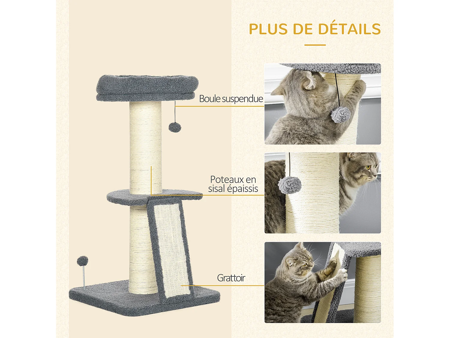 Arbre à chat 3 griffoirs grattoirs sisal naturel plateforme panier 2 boules suspendues peluche haute densité 220 g/m² gris