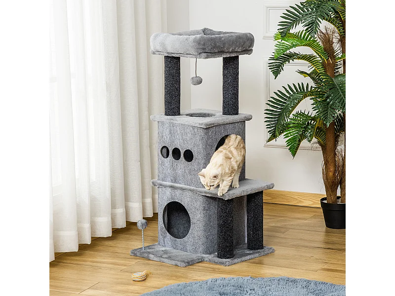 Arbre à chat centre d'activités griffoirs jeu boule suspendue et à ressort 2 niches housses amovibles plateformes gris