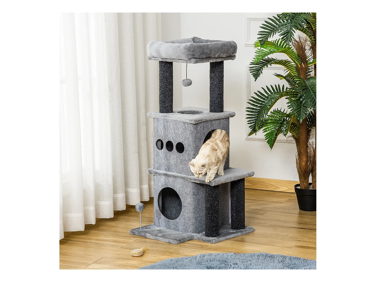 Arbre à chat centre d'activités griffoirs jeu boule suspendue et à ressort 2 niches housses amovibles plateformes gris