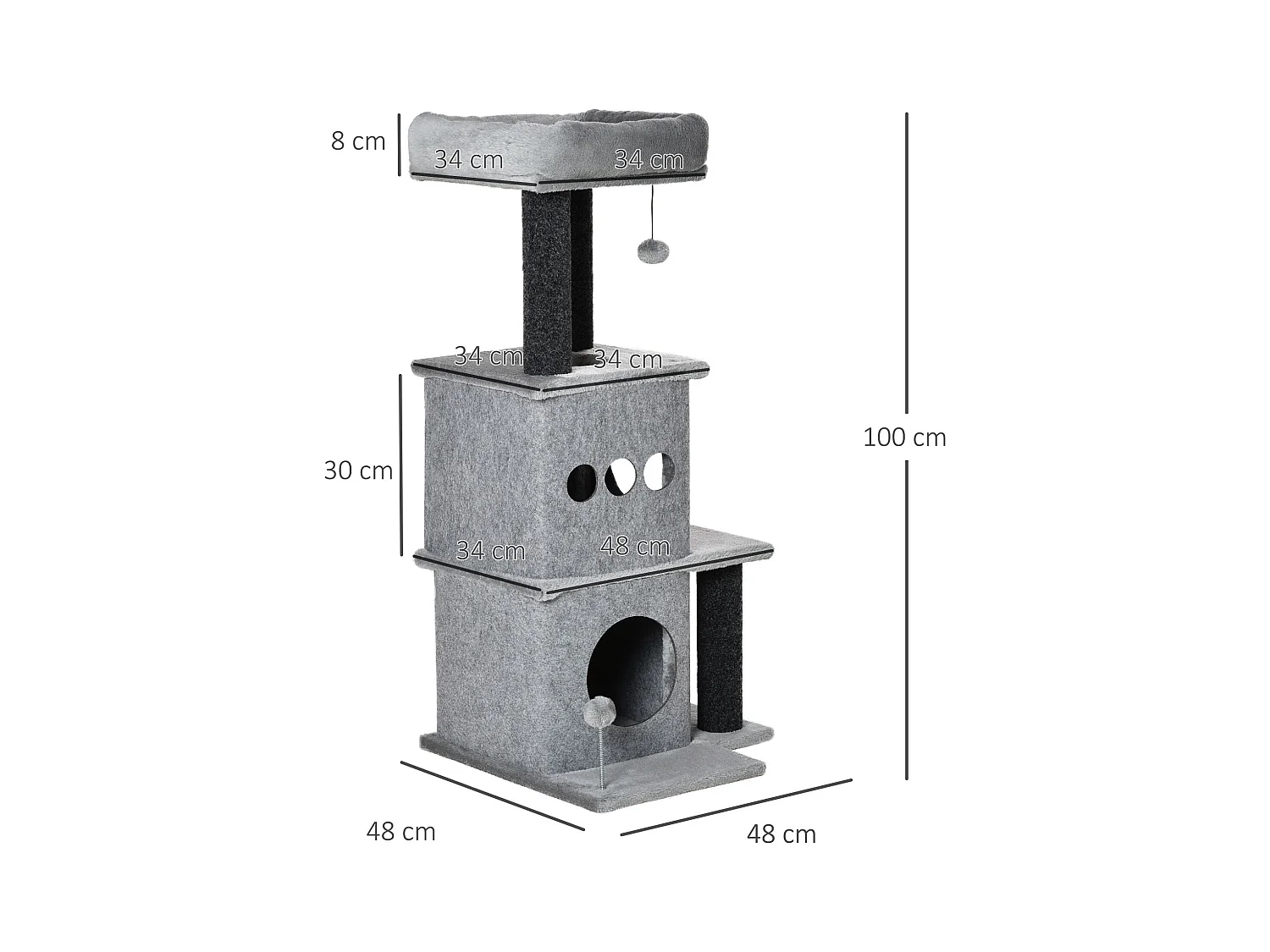 Arbre à chat centre d'activités griffoirs jeu boule suspendue et à ressort 2 niches housses amovibles plateformes gris
