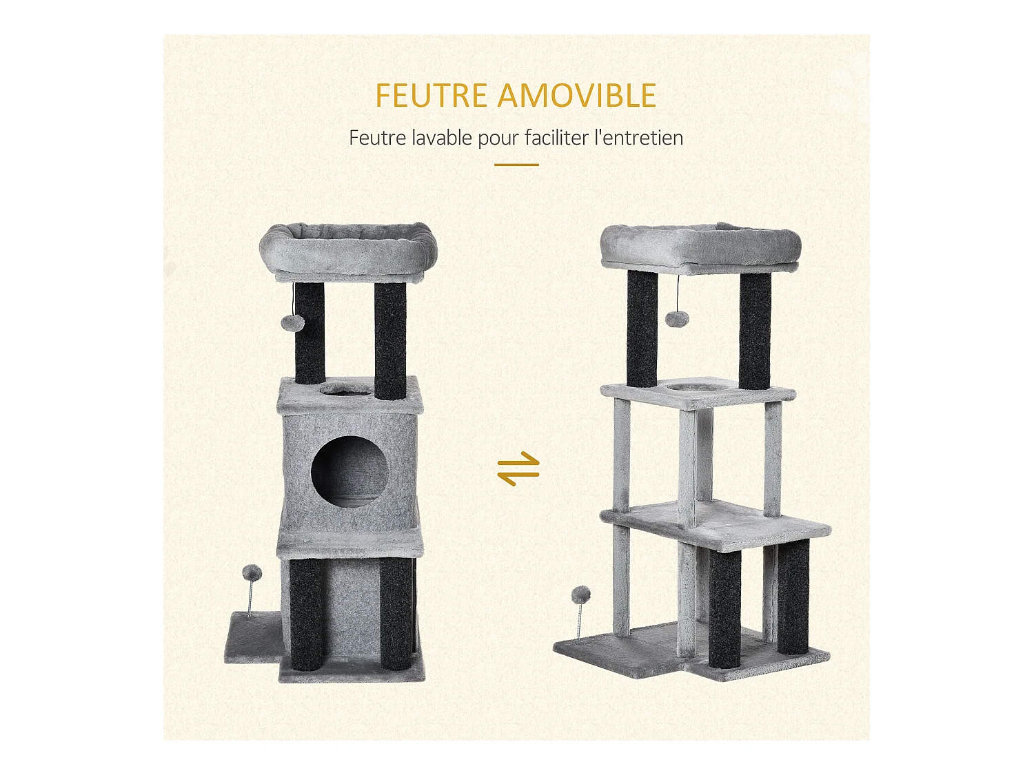 Arbre à chat centre d'activités griffoirs jeu boule suspendue et à ressort 2 niches housses amovibles plateformes gris