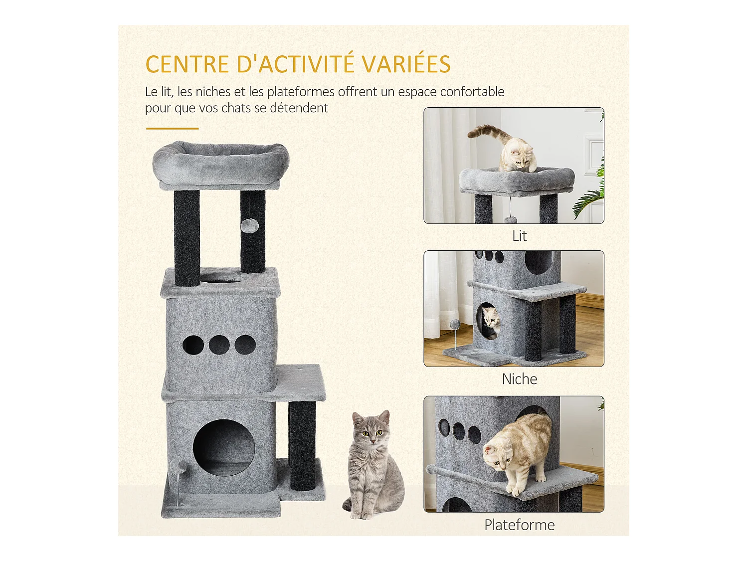 Arbre à chat centre d'activités griffoirs jeu boule suspendue et à ressort 2 niches housses amovibles plateformes gris
