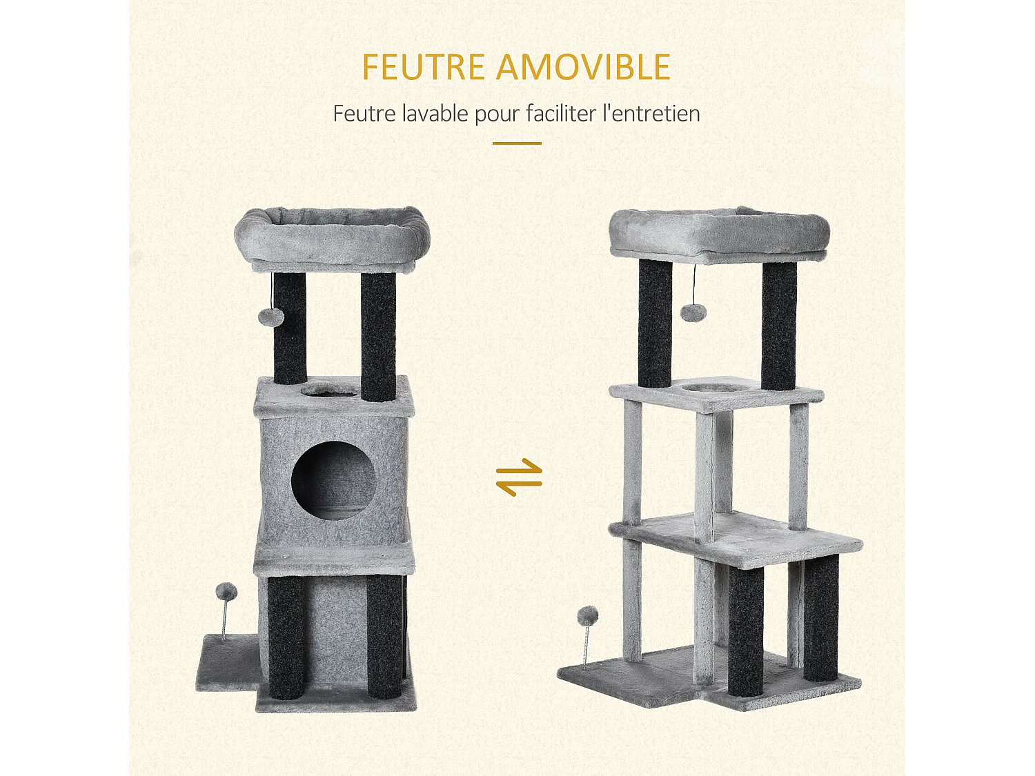 Arbre à chat centre d'activités griffoirs jeu boule suspendue et à ressort 2 niches housses amovibles plateformes gris