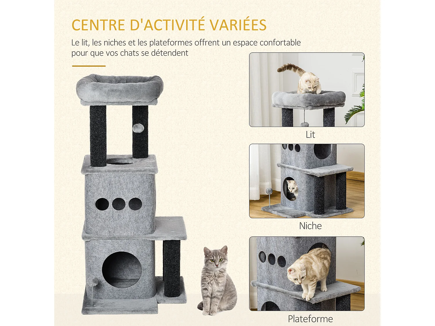 Arbre à chat centre d'activités griffoirs jeu boule suspendue et à ressort 2 niches housses amovibles plateformes gris