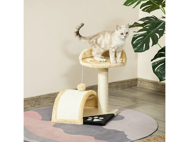 Arbre à chat griffoir grattoir design jeu boule suspendue + plateforme peluche sisal naturel beige