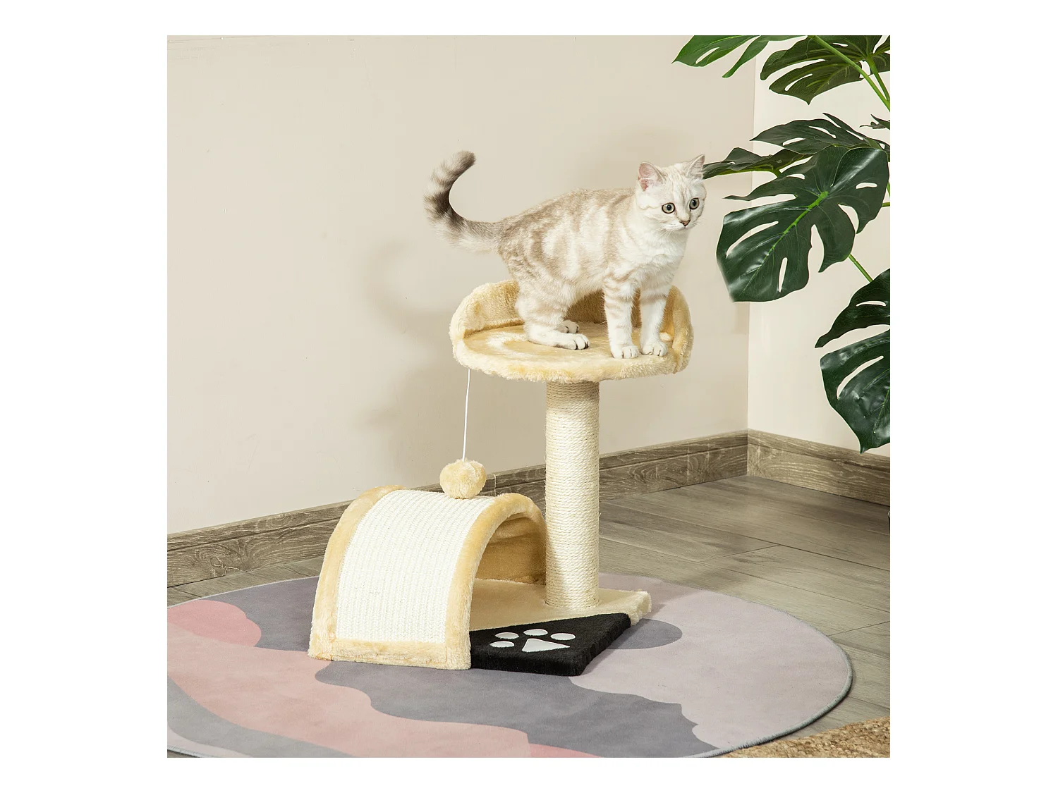 Arbre à chat griffoir grattoir design jeu boule suspendue + plateforme peluche sisal naturel beige