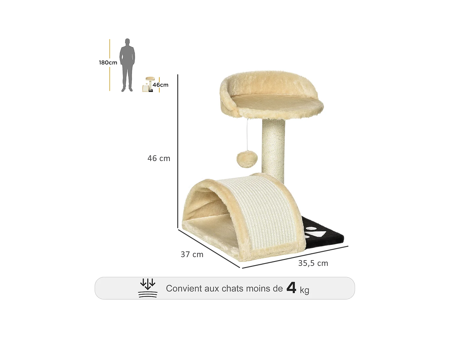 Arbre à chat griffoir grattoir design jeu boule suspendue + plateforme peluche sisal naturel beige