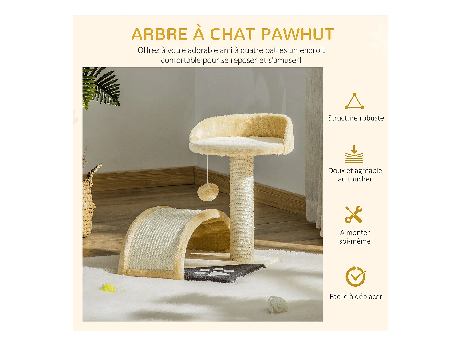 Arbre à chat griffoir grattoir design jeu boule suspendue + plateforme peluche sisal naturel beige