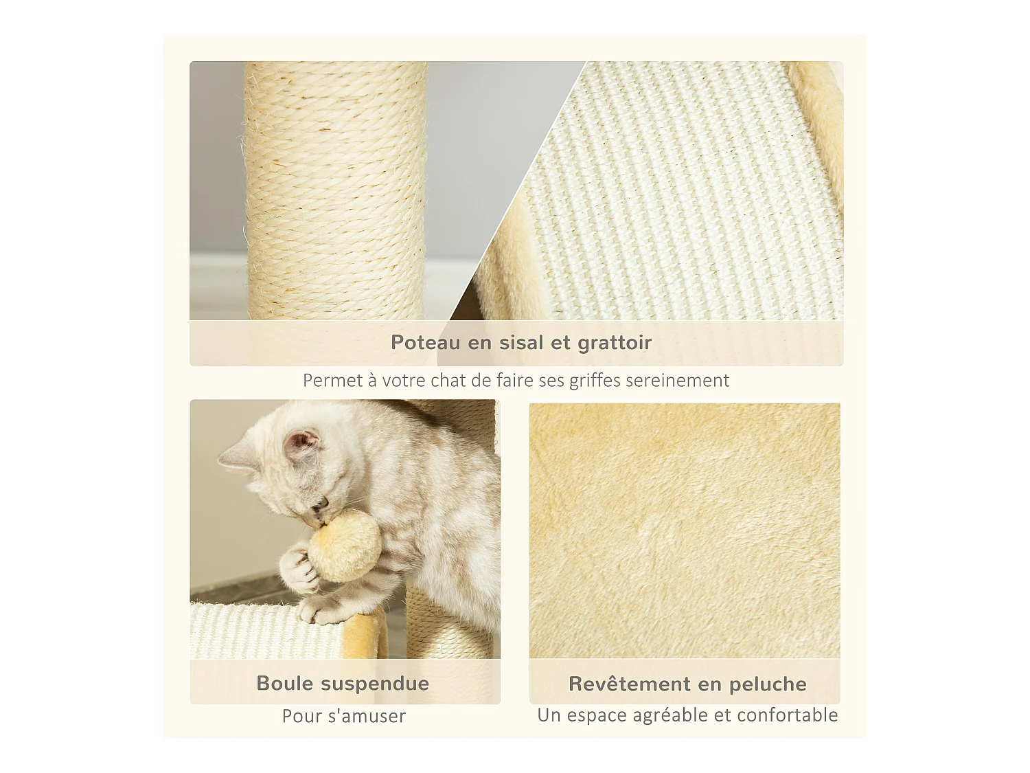 Arbre à chat griffoir grattoir design jeu boule suspendue + plateforme peluche sisal naturel beige