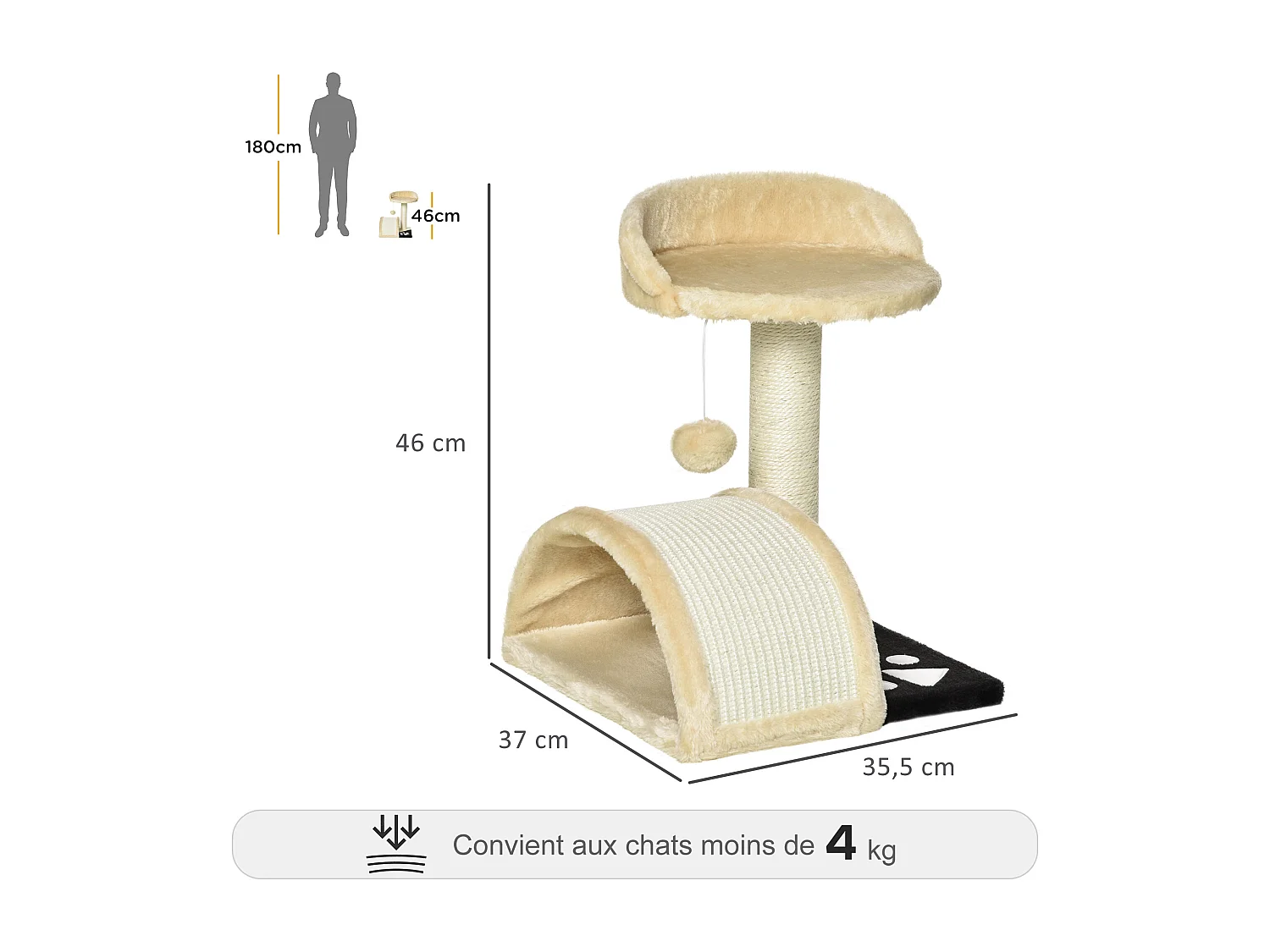 Arbre à chat griffoir grattoir design jeu boule suspendue + plateforme peluche sisal naturel beige