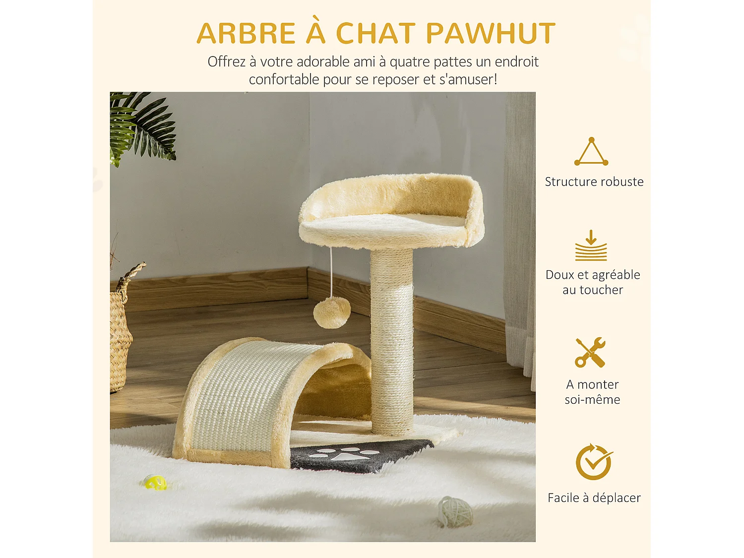 Arbre à chat griffoir grattoir design jeu boule suspendue + plateforme peluche sisal naturel beige