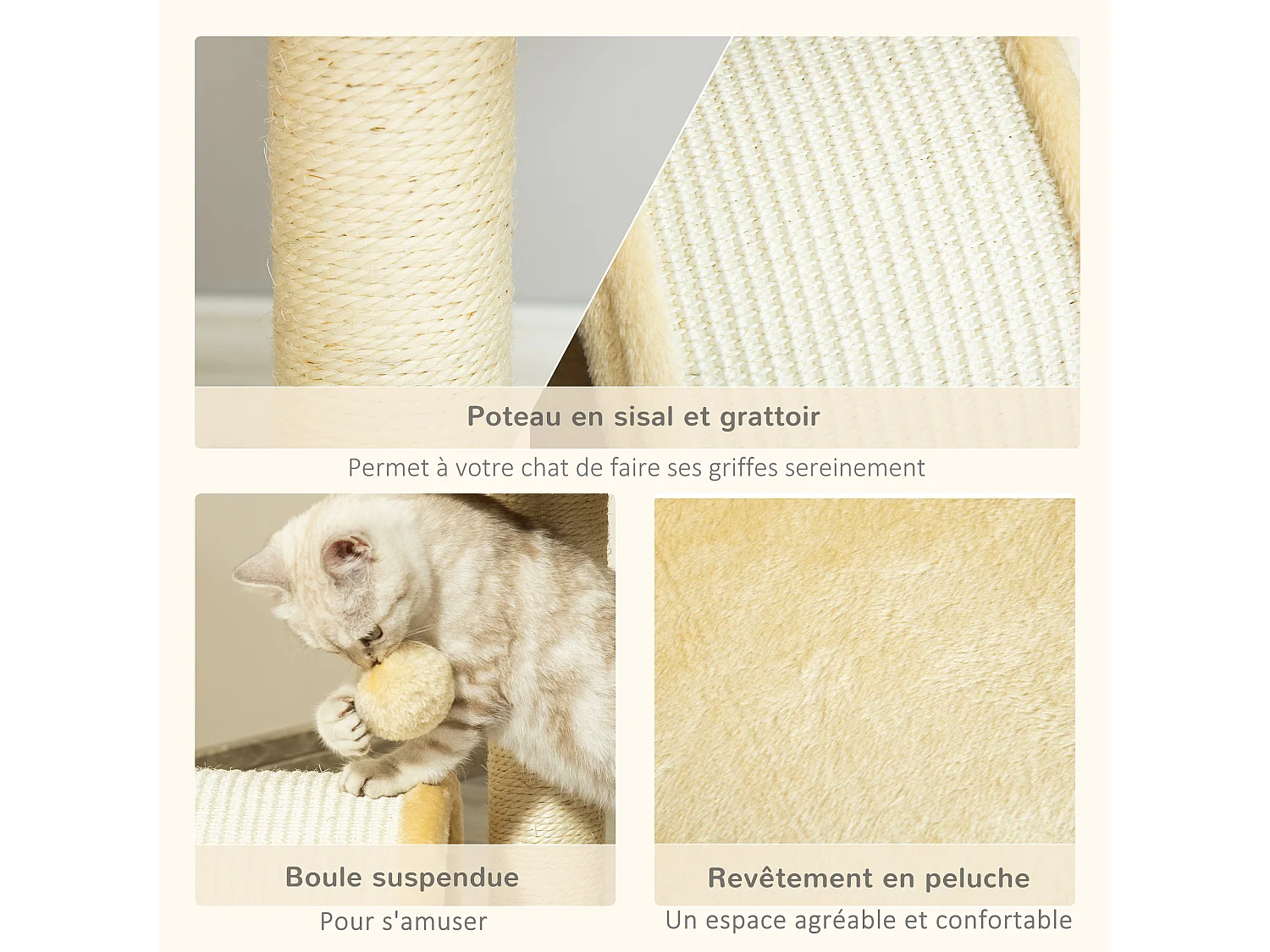 Arbre à chat griffoir grattoir design jeu boule suspendue + plateforme peluche sisal naturel beige