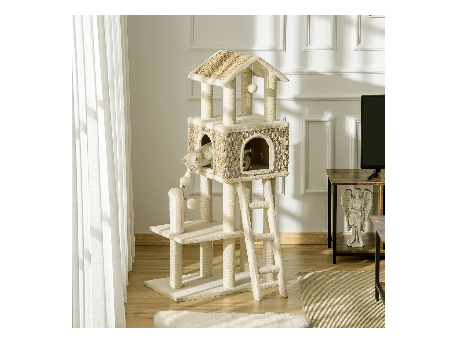 Arbre à chats style cosy chic griffoirs sisal naturel grande niche plateforme échelle jeu boules tourniquet peluche courte cordes d'algues tressées