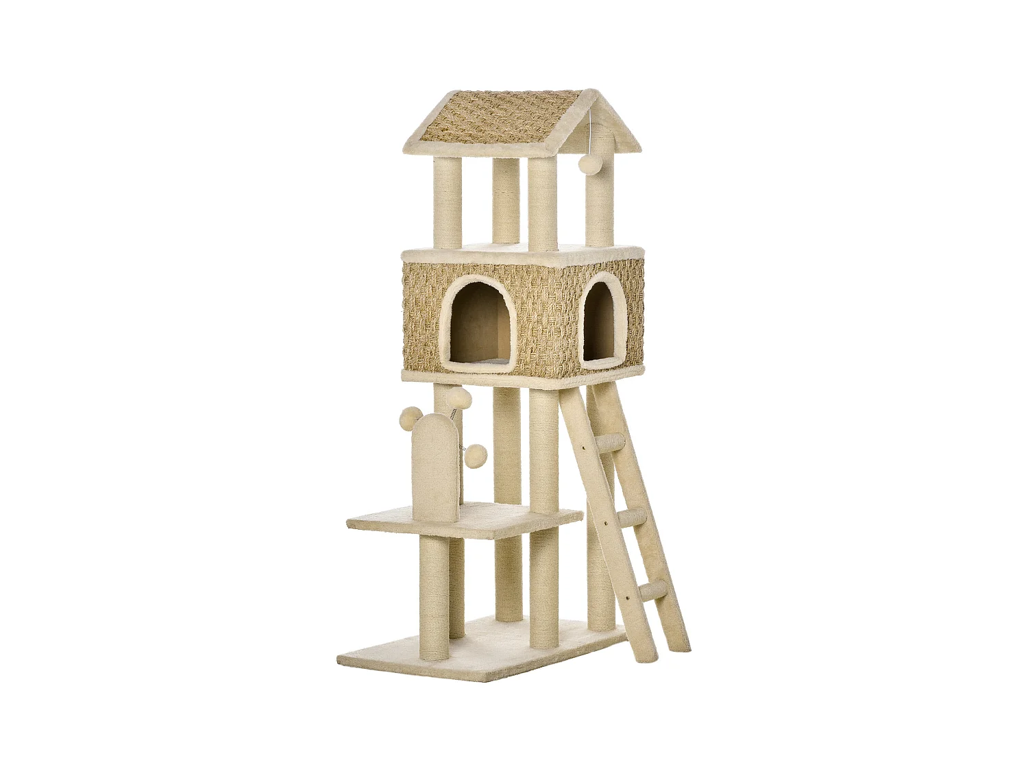 Arbre à chats style cosy chic griffoirs sisal naturel grande niche plateforme échelle jeu boules tourniquet peluche courte cordes d'algues tressées