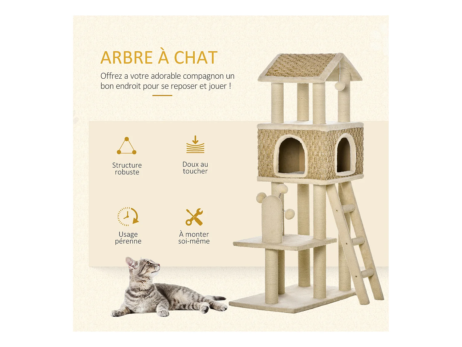 Arbre à chats style cosy chic griffoirs sisal naturel grande niche plateforme échelle jeu boules tourniquet peluche courte cordes d'algues tressées
