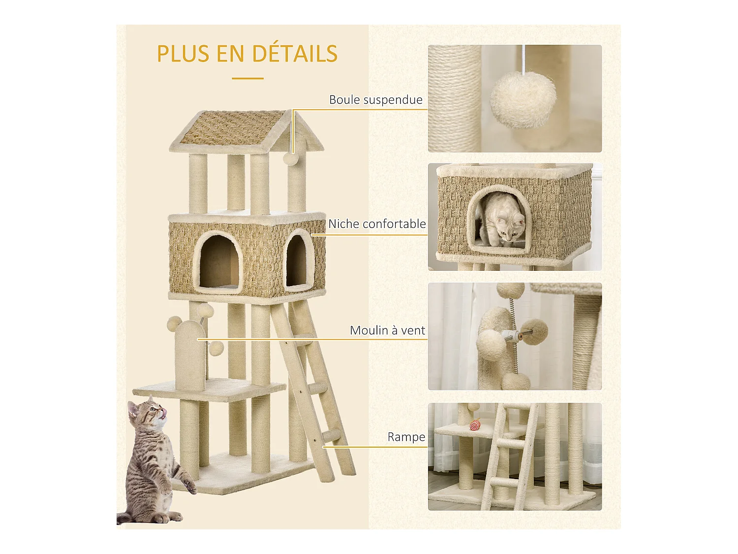 Arbre à chats style cosy chic griffoirs sisal naturel grande niche plateforme échelle jeu boules tourniquet peluche courte cordes d'algues tressées