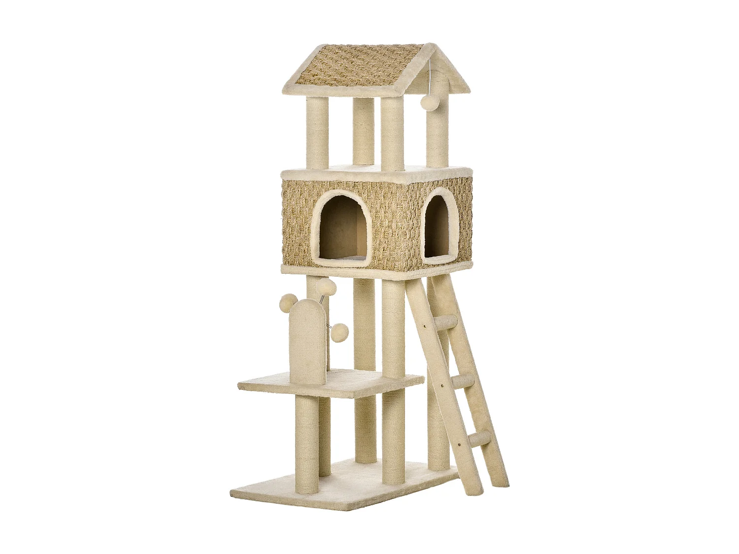 Arbre à chats style cosy chic griffoirs sisal naturel grande niche plateforme échelle jeu boules tourniquet peluche courte cordes d'algues tressées