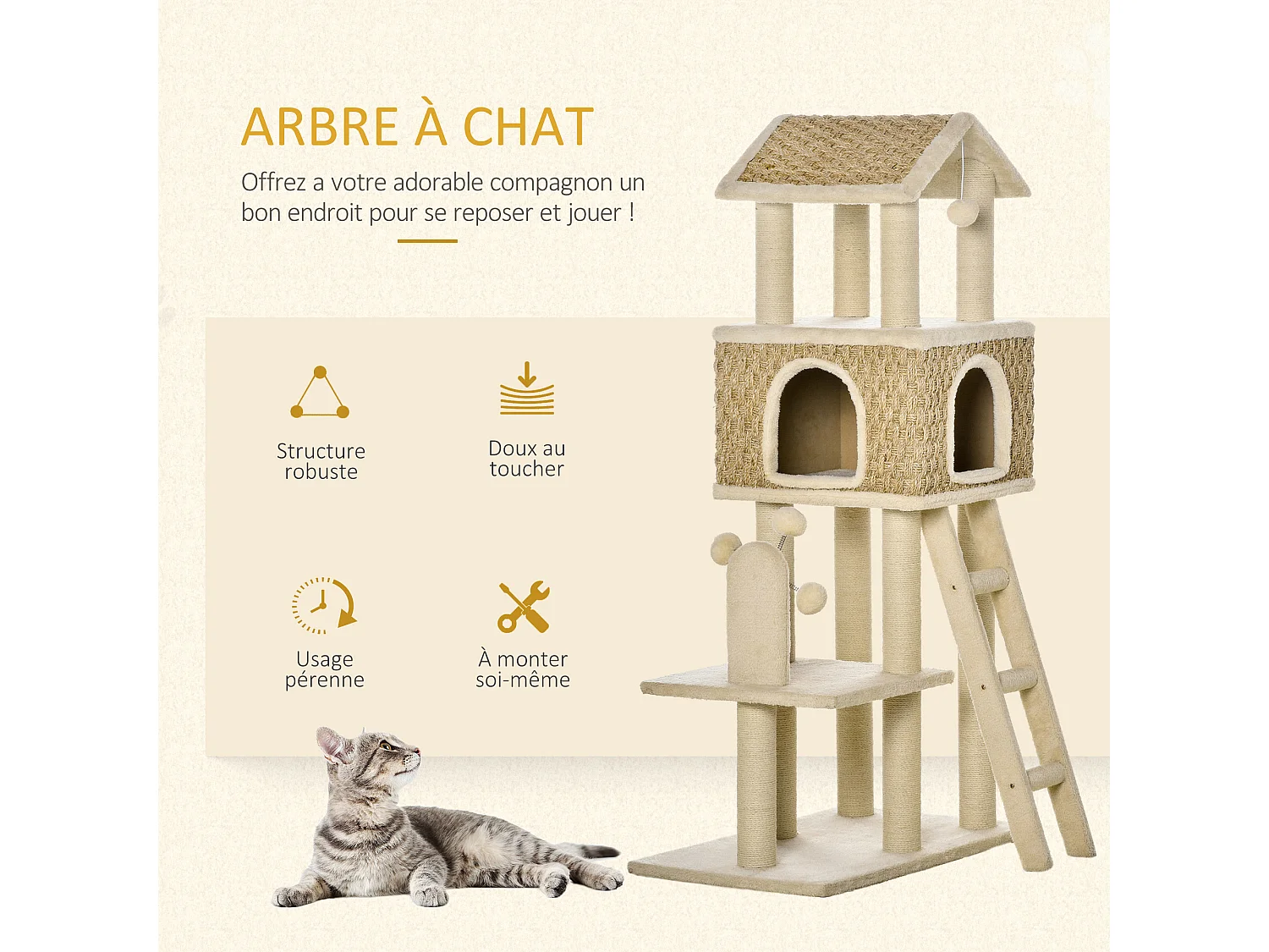 Arbre à chats style cosy chic griffoirs sisal naturel grande niche plateforme échelle jeu boules tourniquet peluche courte cordes d'algues tressées