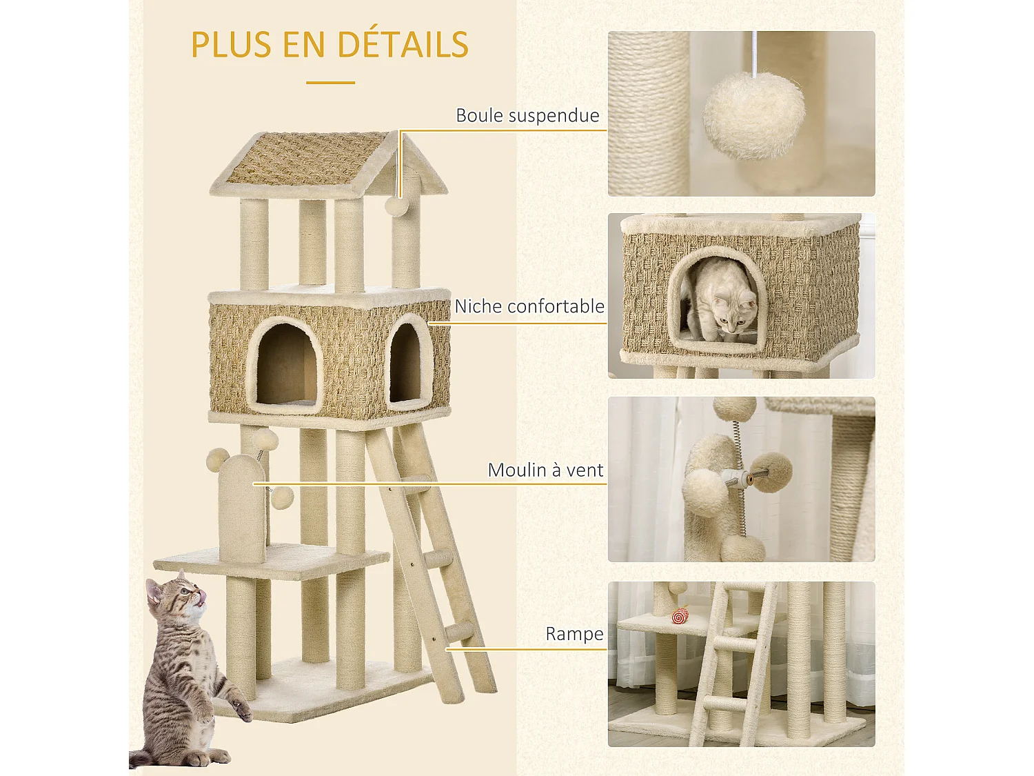 Arbre à chats style cosy chic griffoirs sisal naturel grande niche plateforme échelle jeu boules tourniquet peluche courte cordes d'algues tressées