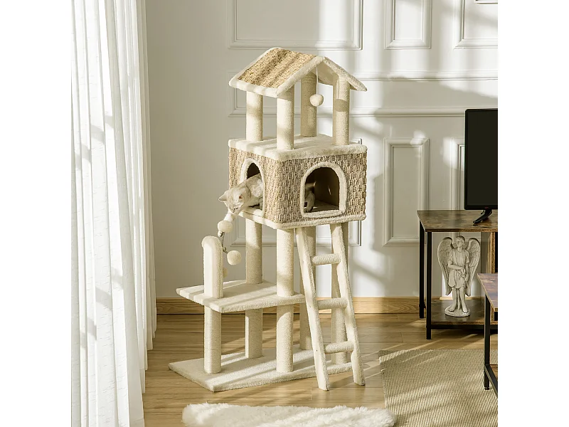 Arbre à chats style cosy chic griffoirs sisal naturel grande niche plateforme échelle jeu boules tourniquet peluche courte cordes d'algues tressées