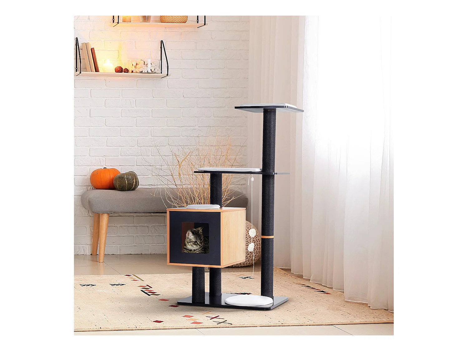 Arbre à chats design contemporain griffoirs grattoirs sisal naturel centre d'activités niche plate-formes jeu boules suspendues 71L x 49l x 120H cm MDF noir hêtre