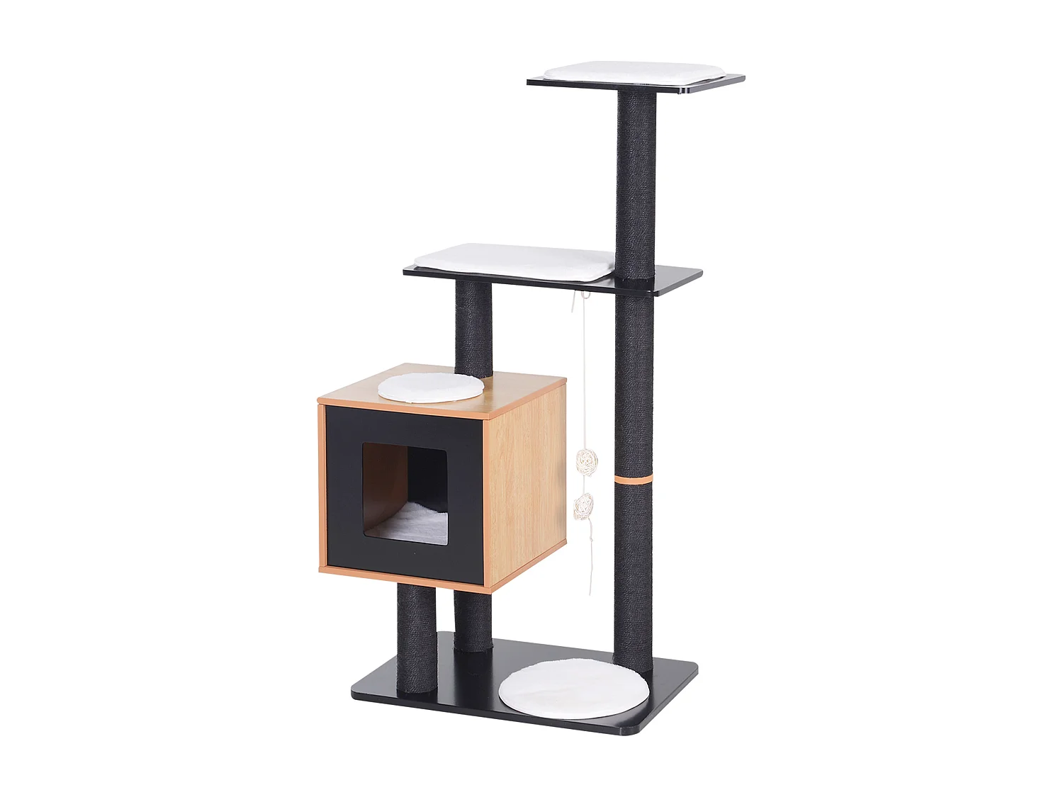 Arbre à chats design contemporain griffoirs grattoirs sisal naturel centre d'activités niche plate-formes jeu boules suspendues 71L x 49l x 120H cm MDF noir hêtre