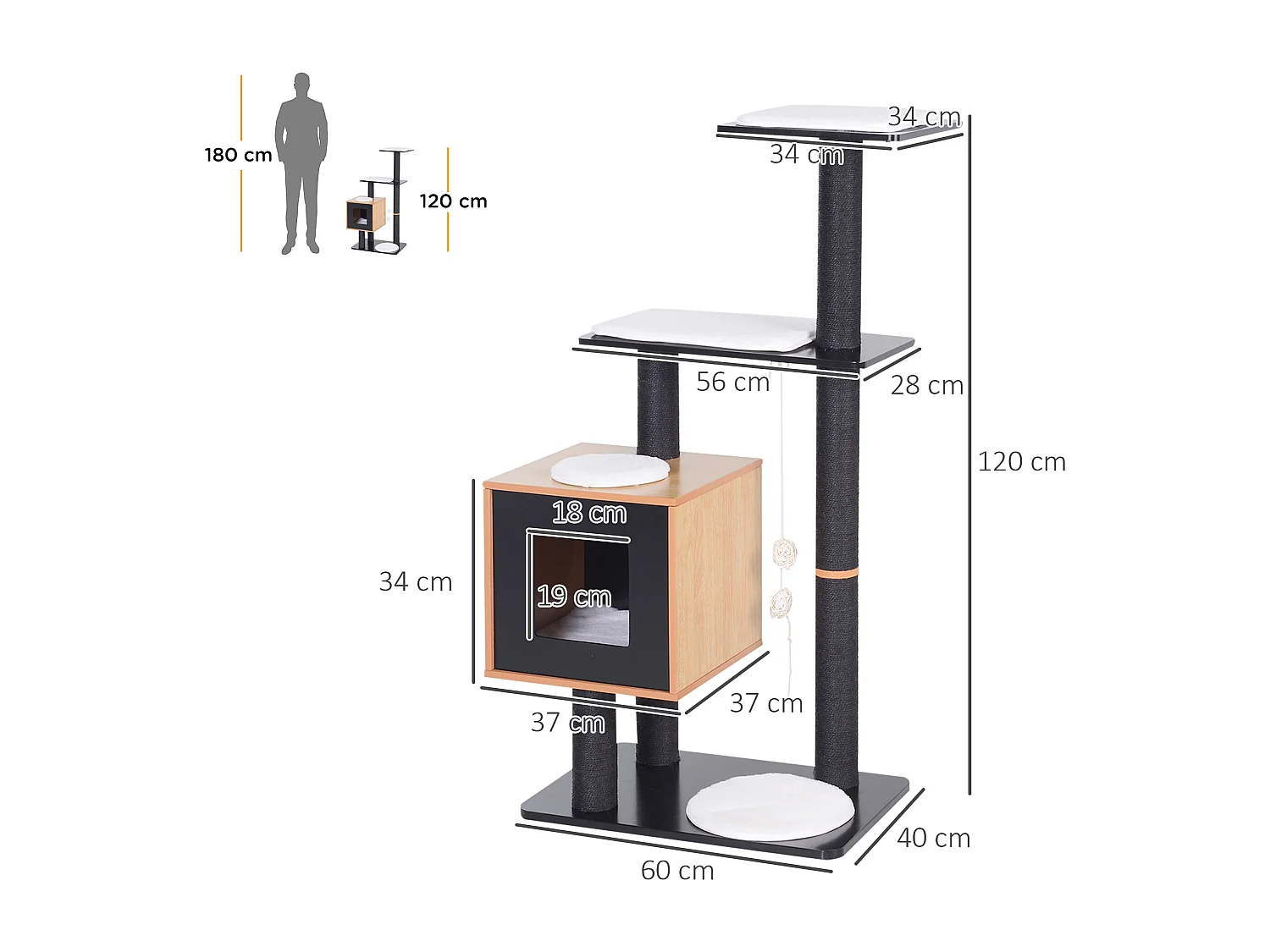 Arbre à chats design contemporain griffoirs grattoirs sisal naturel centre d'activités niche plate-formes jeu boules suspendues 71L x 49l x 120H cm MDF noir hêtre