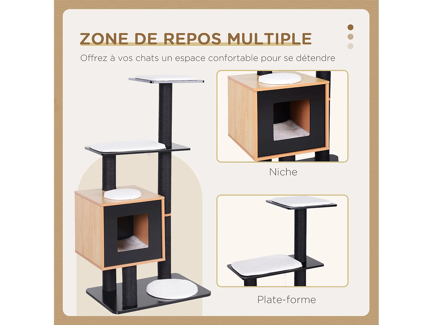 Arbre à chats design contemporain griffoirs grattoirs sisal naturel centre d'activités niche plate-formes jeu boules suspendues 71L x 49l x 120H cm MDF noir hêtre