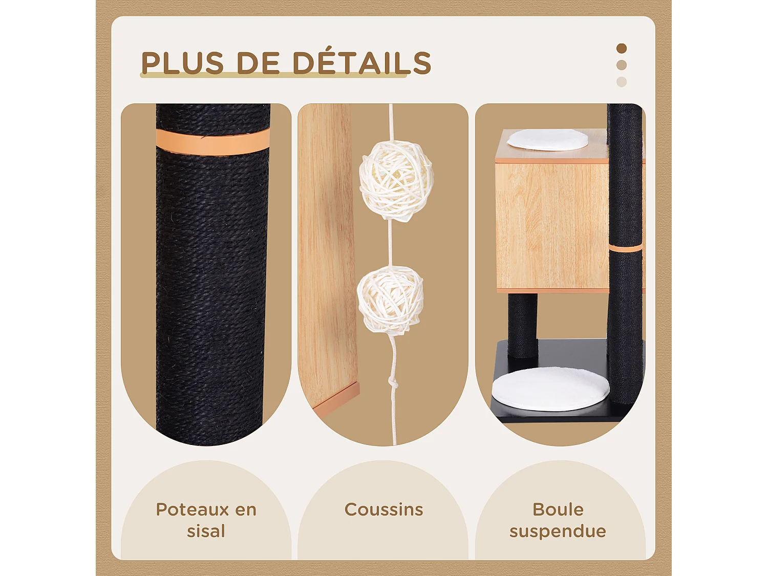 Arbre à chats design contemporain griffoirs grattoirs sisal naturel centre d'activités niche plate-formes jeu boules suspendues 71L x 49l x 120H cm MDF noir hêtre